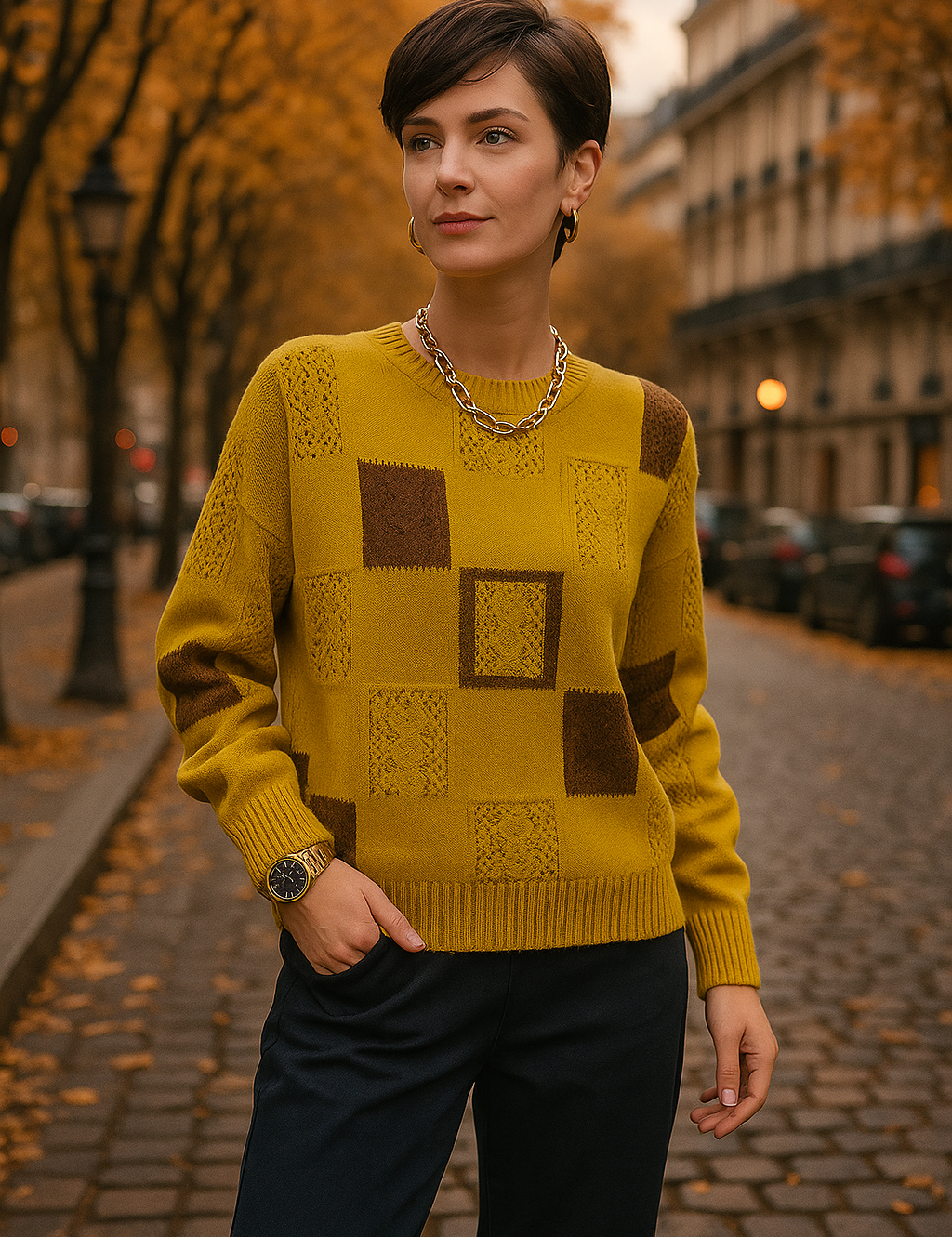 Damski sweter z patchworkowej dzianiny o luźnym kroju na sezon wiosna-lato 2