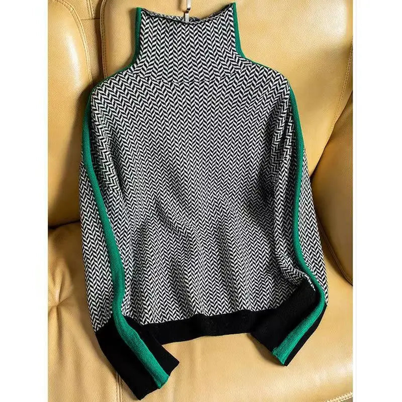 Elegancki sweter damski z golfem w jodełkę – dopasowany fason na sezon jesień-zima 1
