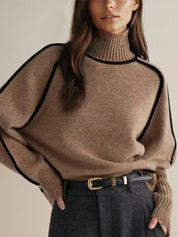 Sweter Damski Z Golfem I Kontrastową Lamówką, Luźny Krój Na Chłodne Dni, Elegancki Styl 2