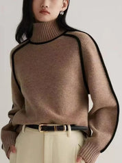 Sweter Damski Z Golfem I Kontrastową Lamówką, Luźny Krój Na Chłodne Dni, Elegancki Styl 3
