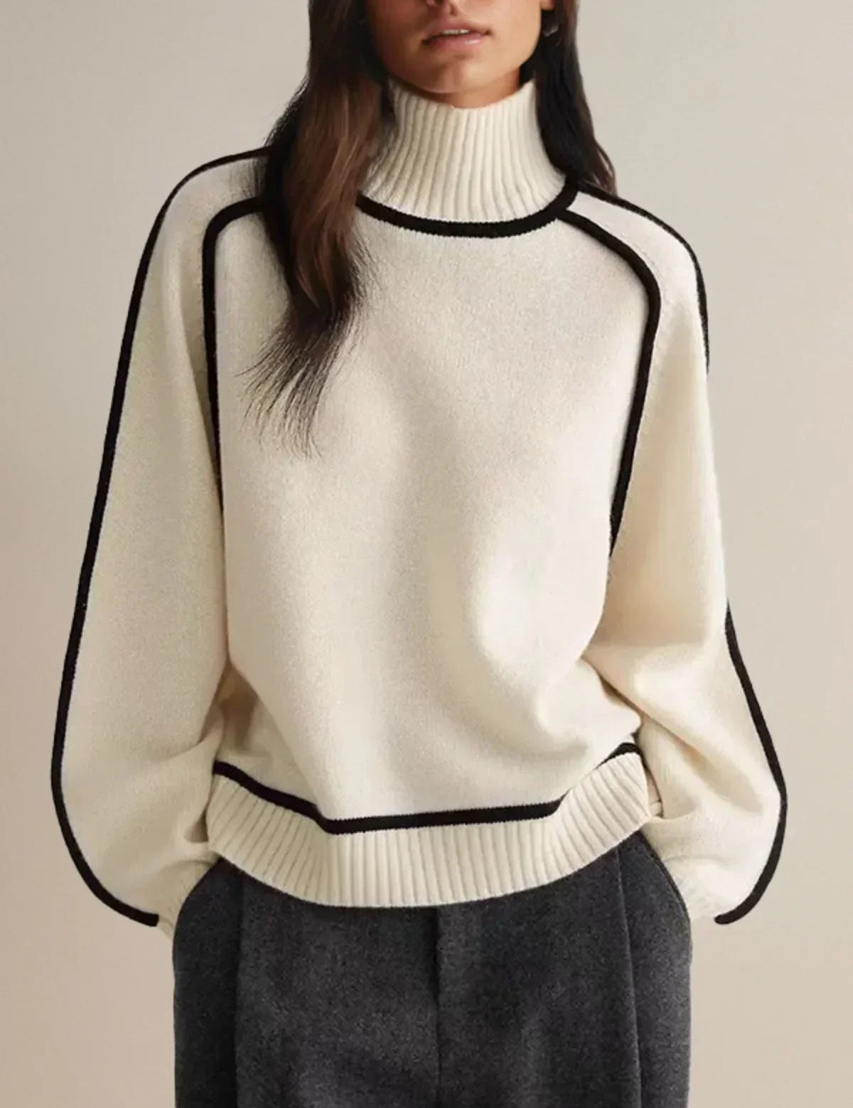 Sweter Damski Z Golfem I Kontrastową Lamówką, Luźny Krój Na Chłodne Dni, Elegancki Styl 4