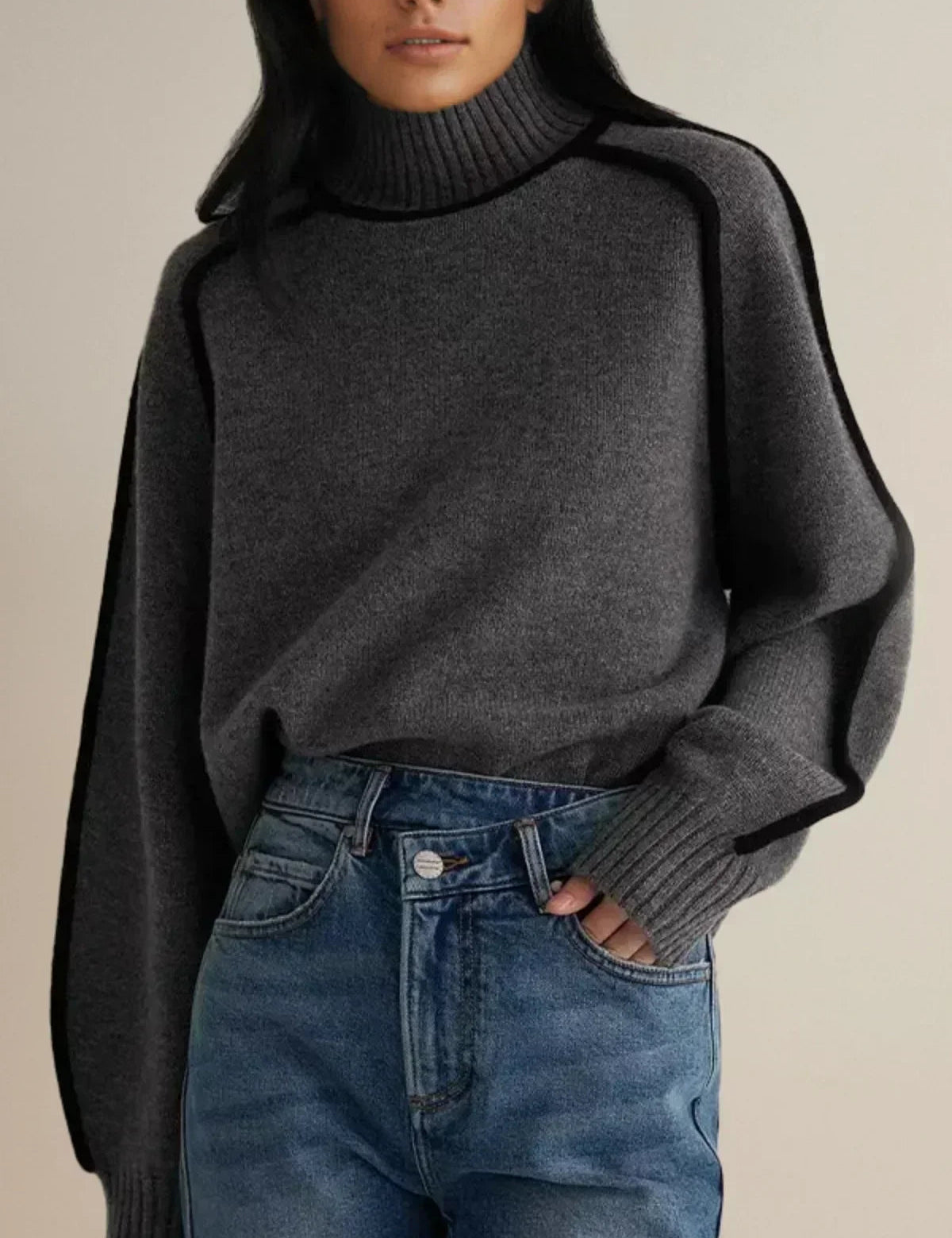 Sweter Damski Z Golfem I Kontrastową Lamówką, Luźny Krój Na Chłodne Dni, Elegancki Styl 7